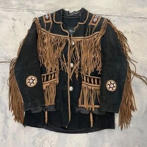 Echo Mountain by Arturo Vintage Suede Fringe Beaded Western Jacket Black Tan 10